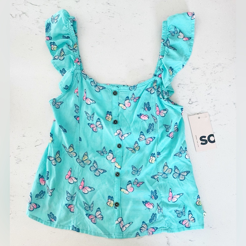 SO Aqua Ruffle Girl’s Butterfly Sleeveless Tank Top Size 7 NWT